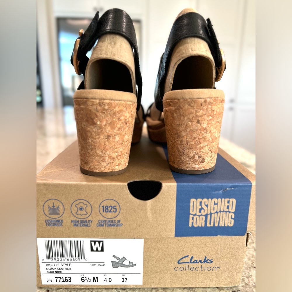 Clarks Collection Black Leather Cork Wedges "NEW" - Picture 7 of 16